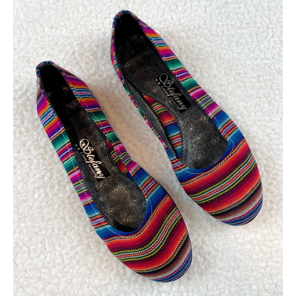 (NWOT) STEFANY • Peruvian Rainbow Striped Fabric Rounded Toe Ballet Flats, 6.5-7